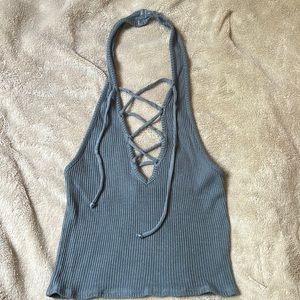 Project social T + Urban Outfitters blue strappy cropped halter top!